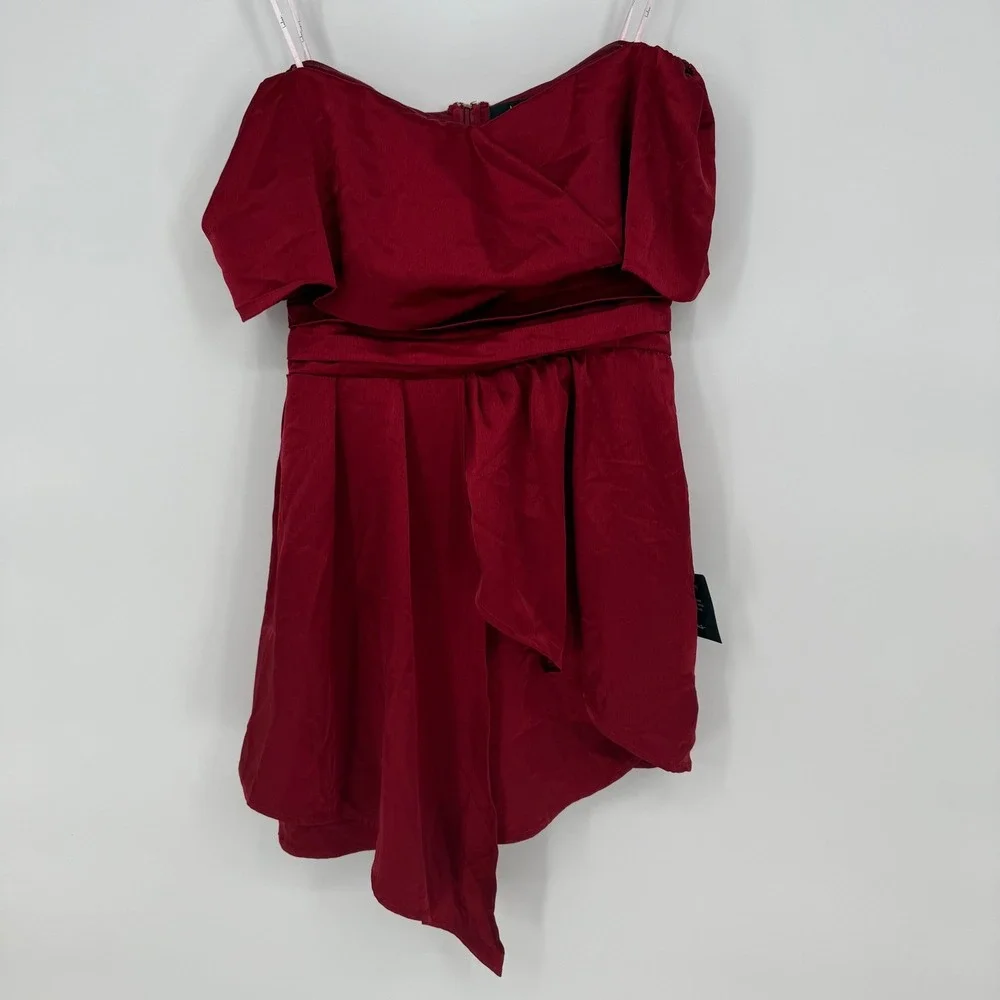 Lulus Always Celebrating Burgundy Satin Off-The-Shoulder Mini Dress Size M